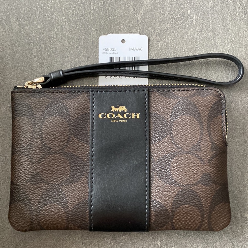 RARE NWT Coach Signature Corner Zip Wristlet Wallet IMAA8 F58035 Brown Black